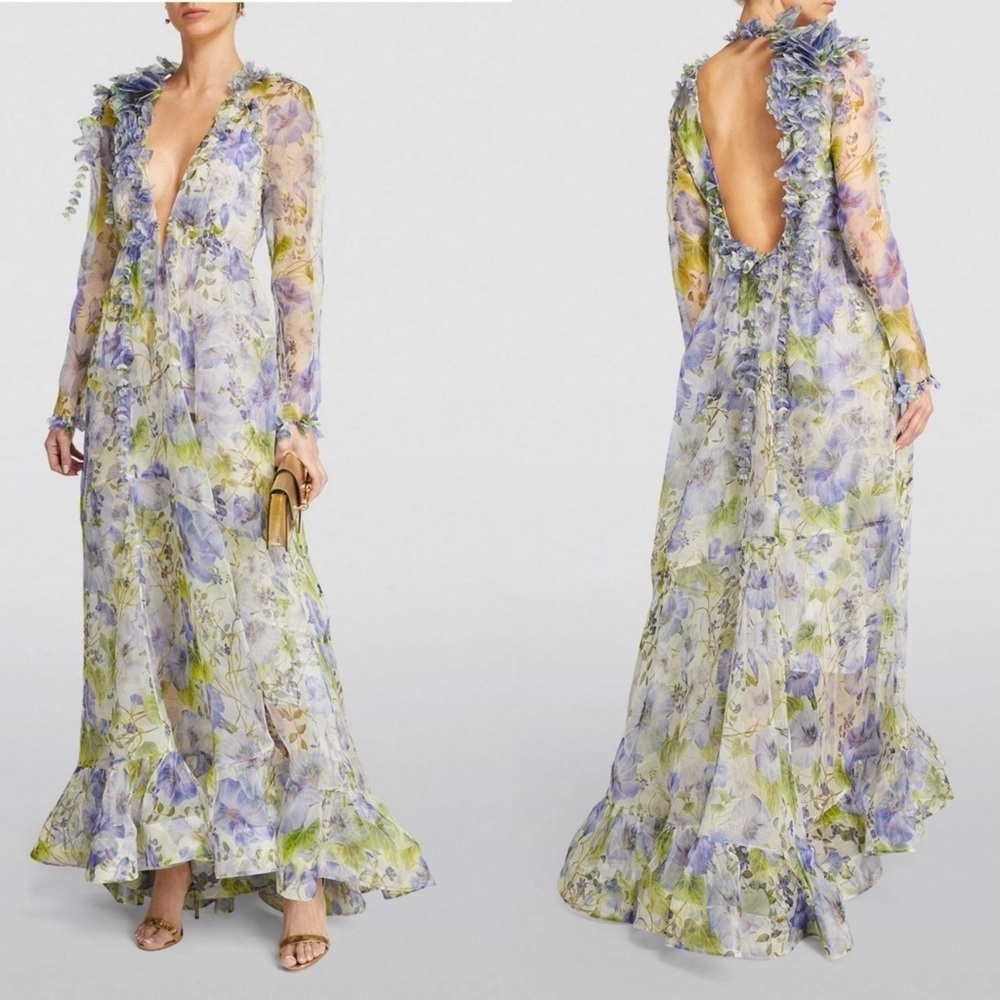 Zimmermann Natura Floral Semisheer Long Sleeve Silk maxi dress size AU 1 /Med